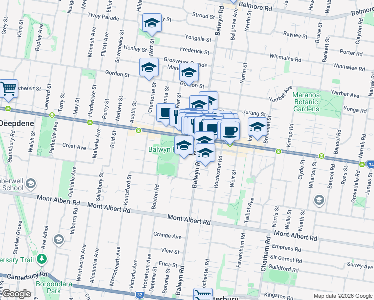 map of restaurants, bars, coffee shops, grocery stores, and more near 5 Cherry Road in Balwyn