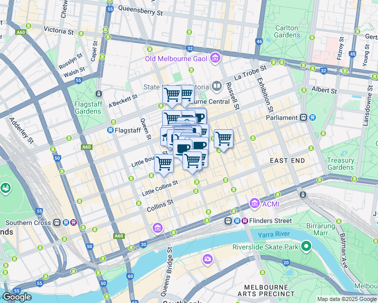 map of restaurants, bars, coffee shops, grocery stores, and more near 210 Elizabeth Street in Melbourne