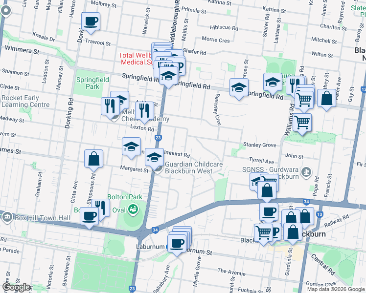 map of restaurants, bars, coffee shops, grocery stores, and more near 12 Ernest Street in Blackburn