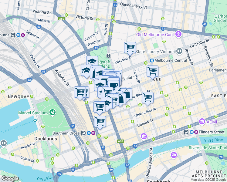 map of restaurants, bars, coffee shops, grocery stores, and more near 550 Lonsdale Street in Melbourne