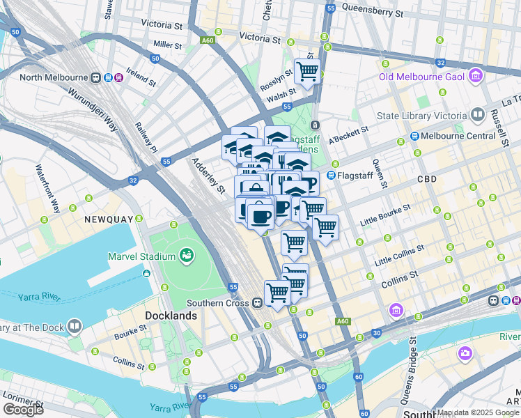 map of restaurants, bars, coffee shops, grocery stores, and more near 288 Spencer Street in Melbourne
