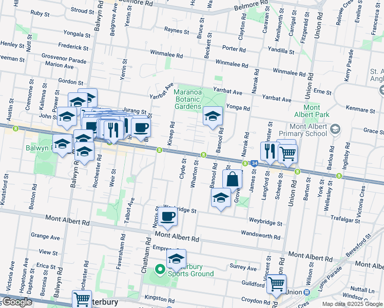 map of restaurants, bars, coffee shops, grocery stores, and more near Parring Road in Balwyn