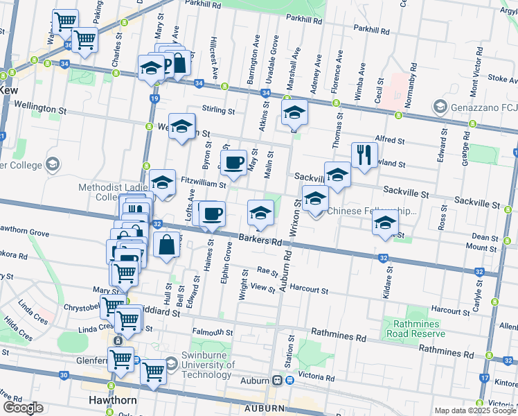 map of restaurants, bars, coffee shops, grocery stores, and more near 15 Malin Street in Kew