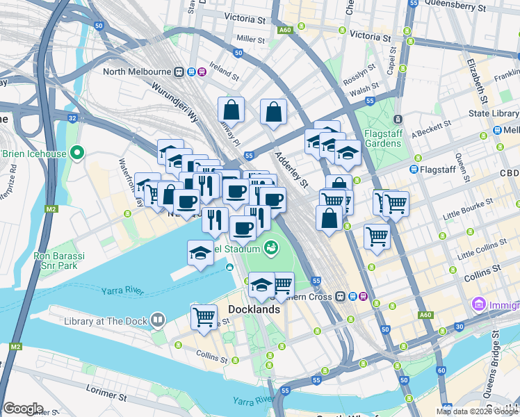 map of restaurants, bars, coffee shops, grocery stores, and more near 990 La Trobe Street in Docklands