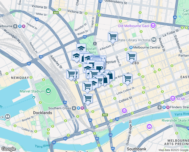 map of restaurants, bars, coffee shops, grocery stores, and more near 555 Lonsdale Street in Melbourne