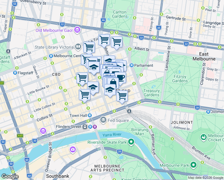 map of restaurants, bars, coffee shops, grocery stores, and more near 90 Collins Street in Melbourne