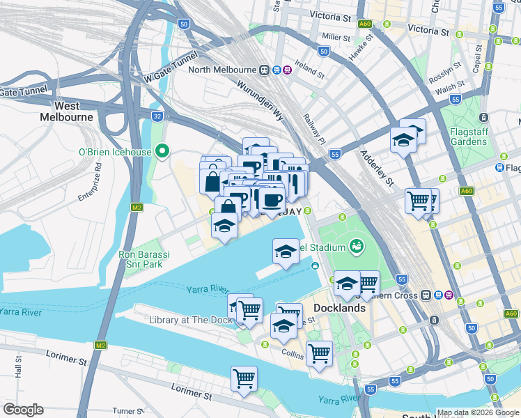 map of restaurants, bars, coffee shops, grocery stores, and more near 15 Caravel Lane in Docklands