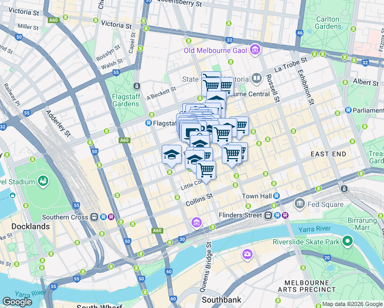map of restaurants, bars, coffee shops, grocery stores, and more near 189 Queen Street in Melbourne