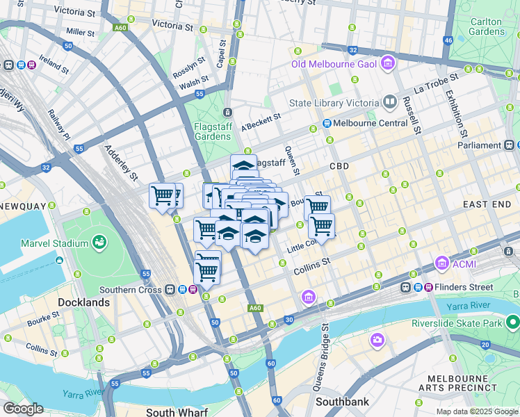 map of restaurants, bars, coffee shops, grocery stores, and more near 199 William Street in Melbourne