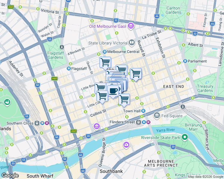 map of restaurants, bars, coffee shops, grocery stores, and more near 385 Bourke Street in Melbourne