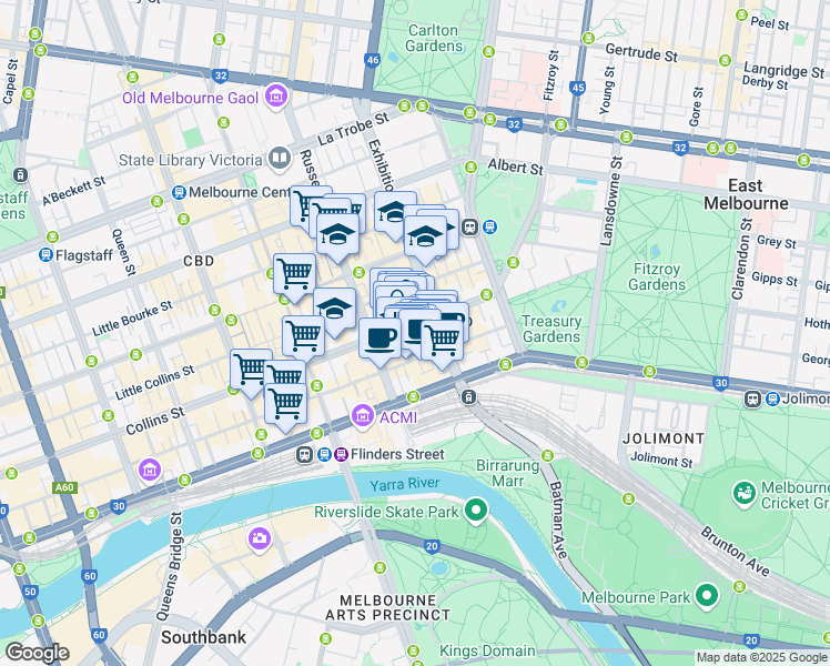 map of restaurants, bars, coffee shops, grocery stores, and more near 101 Collins Street in Melbourne