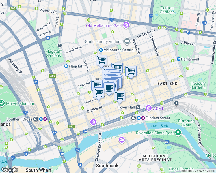 map of restaurants, bars, coffee shops, grocery stores, and more near 385 Bourke Street in Melbourne