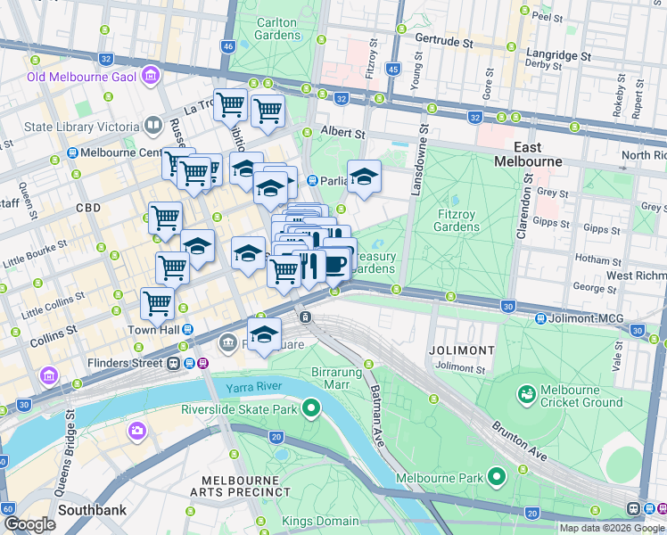 map of restaurants, bars, coffee shops, grocery stores, and more near 17 Spring Street in Melbourne