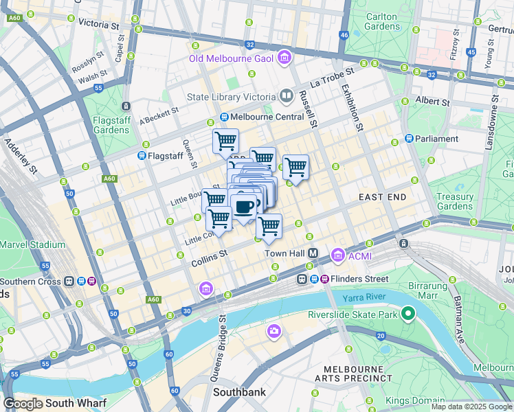 map of restaurants, bars, coffee shops, grocery stores, and more near 152 Elizabeth Street in Melbourne