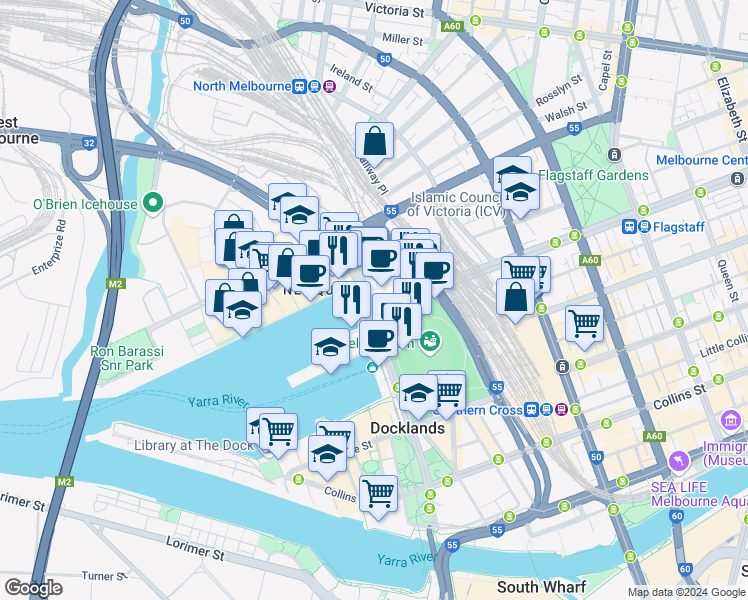 map of restaurants, bars, coffee shops, grocery stores, and more near 1010 La Trobe Street in Docklands