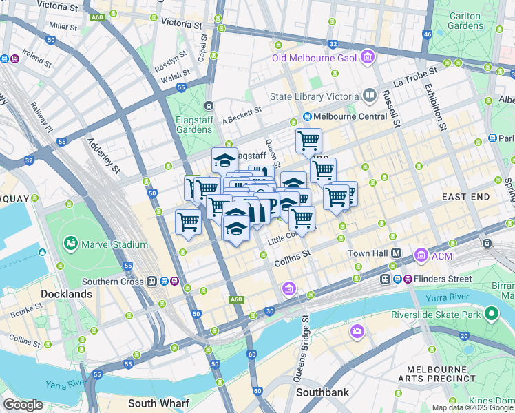 map of restaurants, bars, coffee shops, grocery stores, and more near 500 Bourke Street in Melbourne