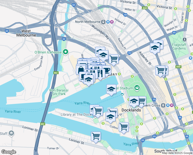 map of restaurants, bars, coffee shops, grocery stores, and more near 39 Caravel Lane in Docklands