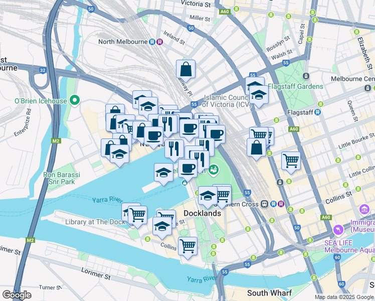 map of restaurants, bars, coffee shops, grocery stores, and more near 1010 La Trobe Street in Docklands