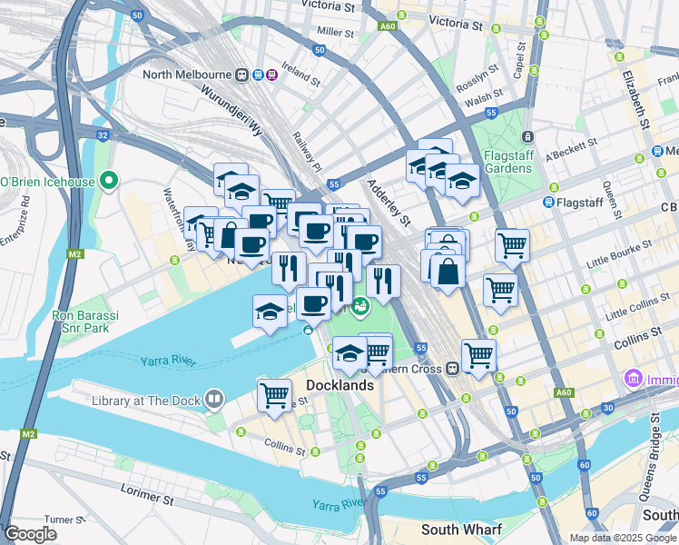 map of restaurants, bars, coffee shops, grocery stores, and more near 685 La Trobe Street in Docklands