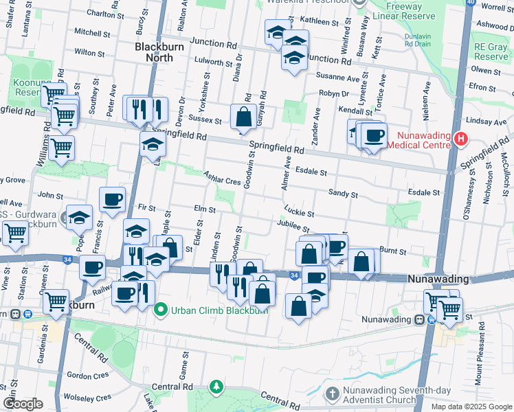 map of restaurants, bars, coffee shops, grocery stores, and more near 3 Rhubane Court in Blackburn