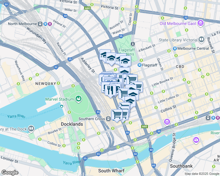 map of restaurants, bars, coffee shops, grocery stores, and more near Spencer Street in Melbourne City