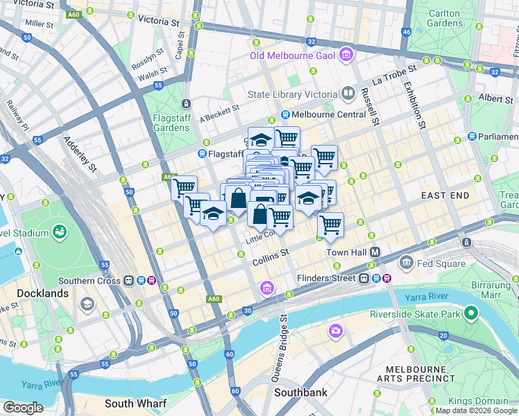 map of restaurants, bars, coffee shops, grocery stores, and more near 460 Bourke Street in Melbourne