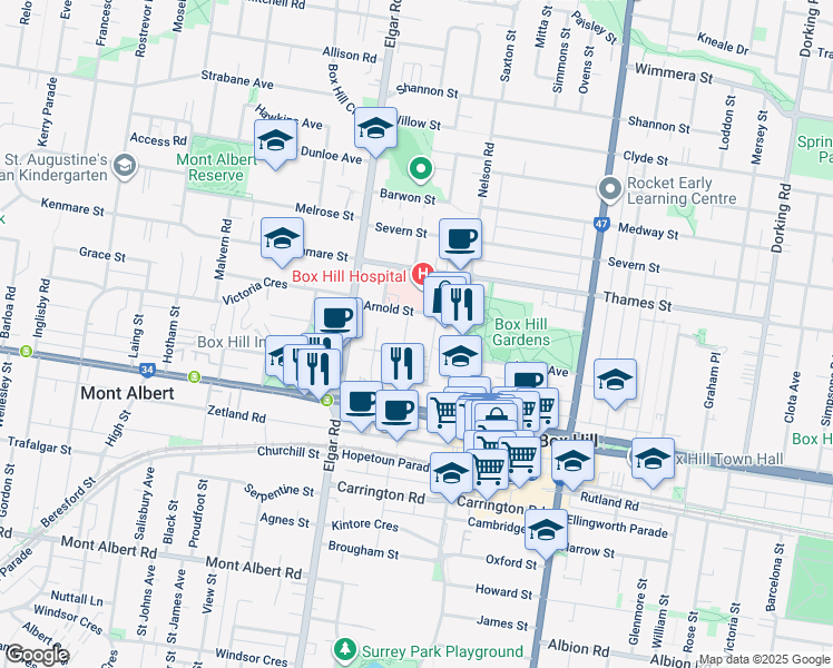 map of restaurants, bars, coffee shops, grocery stores, and more near 30 Wellington Road in Box Hill