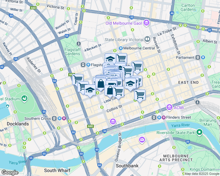 map of restaurants, bars, coffee shops, grocery stores, and more near 460 Bourke Street in Melbourne