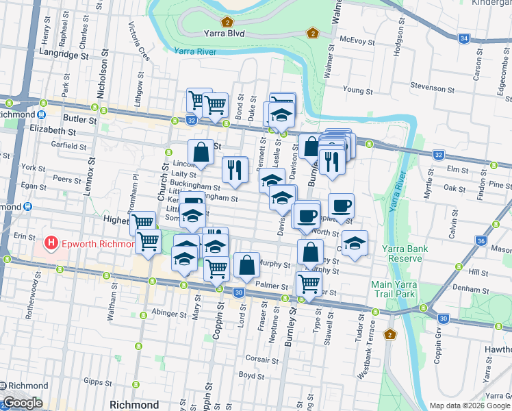 map of restaurants, bars, coffee shops, grocery stores, and more near 26 Gardner Street in Richmond