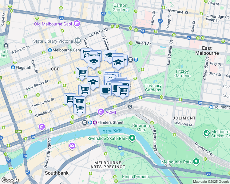 map of restaurants, bars, coffee shops, grocery stores, and more near 101 Collins Street in Melbourne