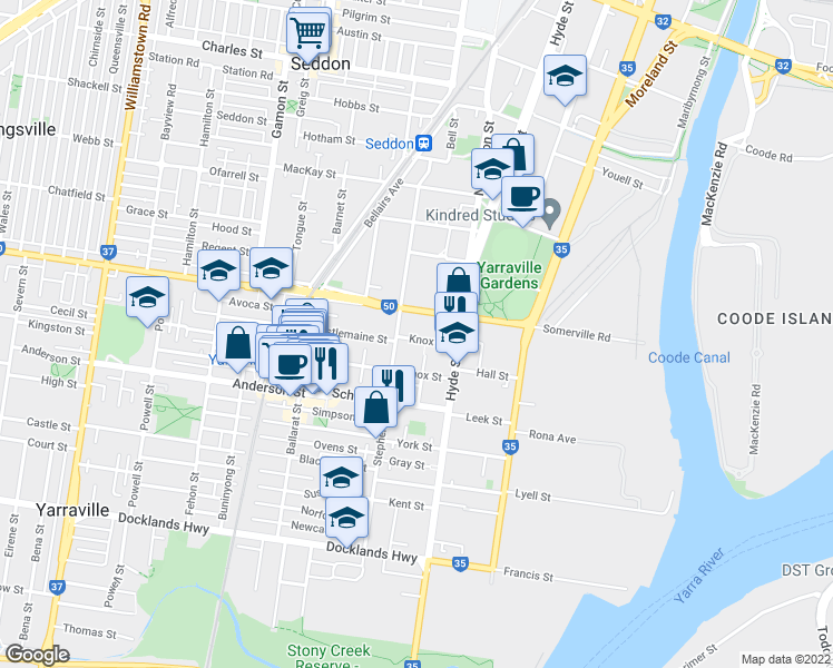 map of restaurants, bars, coffee shops, grocery stores, and more near 16 Knox Street in Yarraville