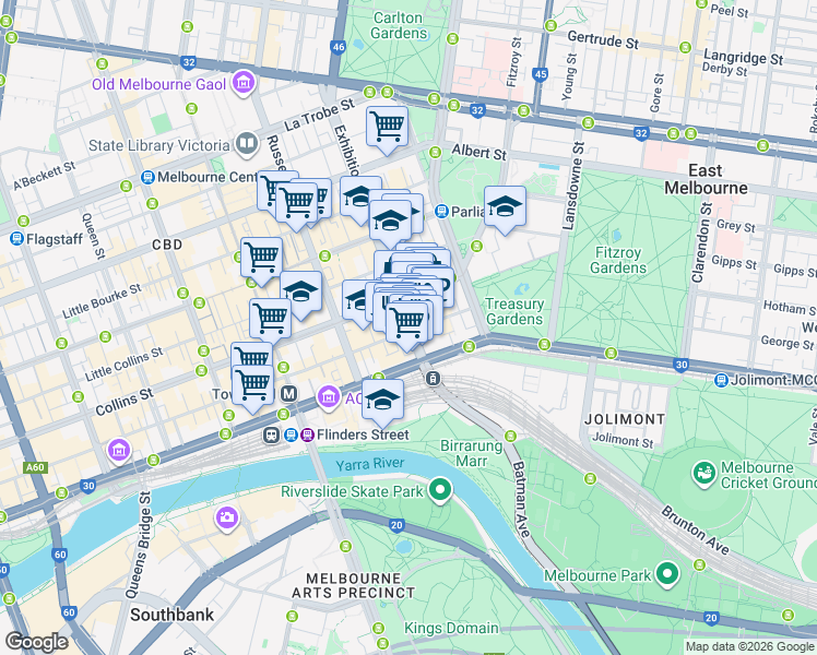 map of restaurants, bars, coffee shops, grocery stores, and more near 41 Exhibition Street in Melbourne