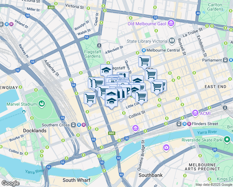 map of restaurants, bars, coffee shops, grocery stores, and more near 181 William Street in Melbourne