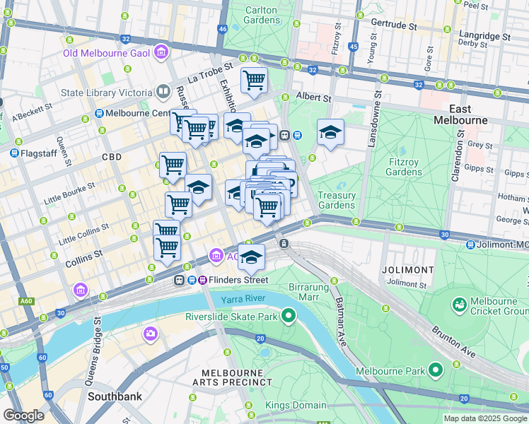 map of restaurants, bars, coffee shops, grocery stores, and more near 41 Exhibition Street in Melbourne