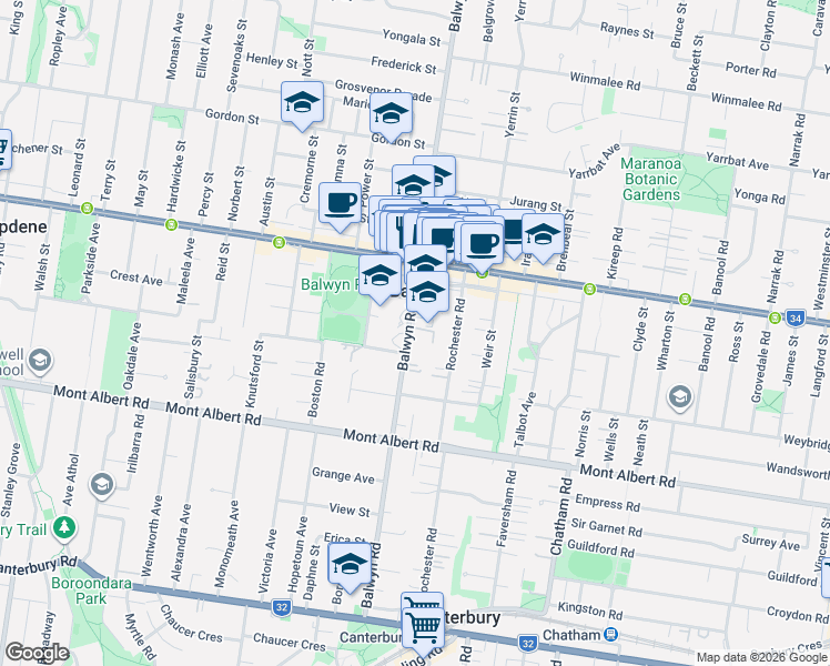 map of restaurants, bars, coffee shops, grocery stores, and more near 84 Balwyn Road in Balwyn