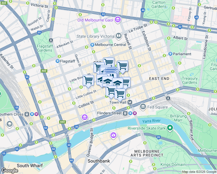 map of restaurants, bars, coffee shops, grocery stores, and more near in Melbourne