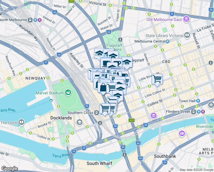 map of restaurants, bars, coffee shops, grocery stores, and more near 639 Lonsdale Street in Melbourne