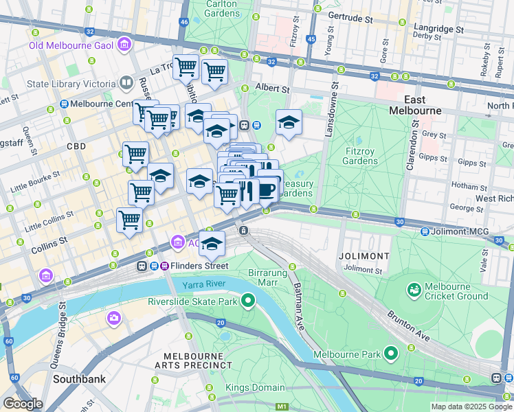 map of restaurants, bars, coffee shops, grocery stores, and more near 26 Flinders Street in Melbourne