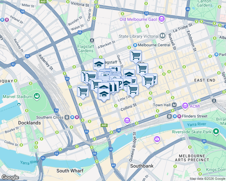 map of restaurants, bars, coffee shops, grocery stores, and more near 520 Bourke Street in Melbourne