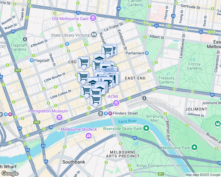map of restaurants, bars, coffee shops, grocery stores, and more near 181 Collins Street in Melbourne