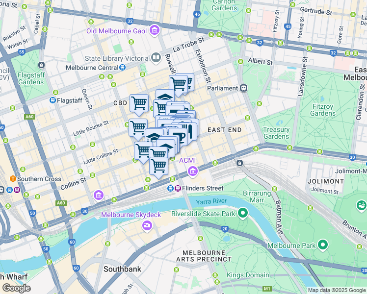 map of restaurants, bars, coffee shops, grocery stores, and more near 181 Collins Street in Melbourne