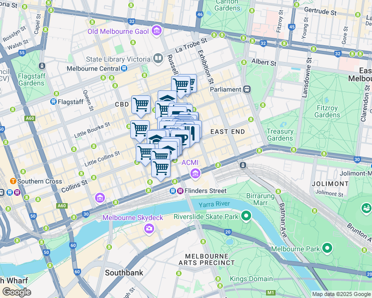 map of restaurants, bars, coffee shops, grocery stores, and more near 187 Collins Street in Melbourne