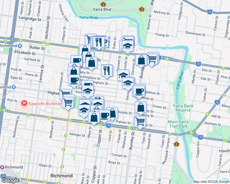 map of restaurants, bars, coffee shops, grocery stores, and more near 38 Gardner Street in Richmond