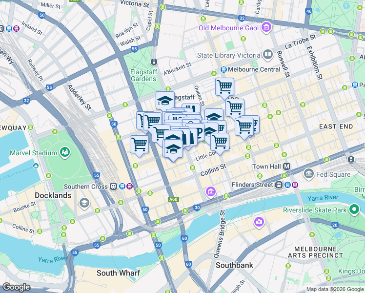 map of restaurants, bars, coffee shops, grocery stores, and more near 181 William Street in Melbourne