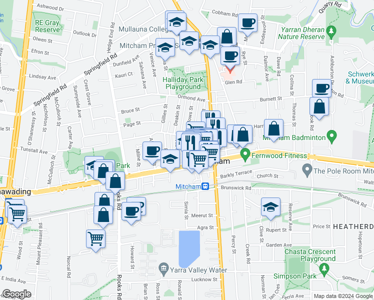 map of restaurants, bars, coffee shops, grocery stores, and more near 14 Edward Street in Mitcham