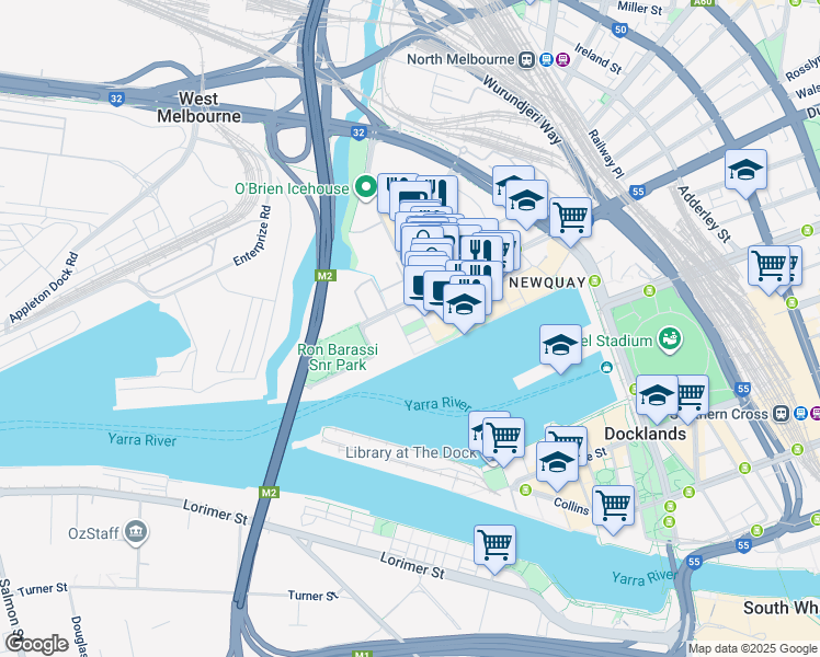 map of restaurants, bars, coffee shops, grocery stores, and more near 9-13 Pearl River Road in Docklands