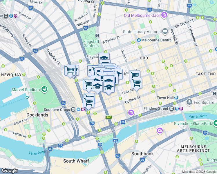map of restaurants, bars, coffee shops, grocery stores, and more near 550 Bourke Street in Melbourne