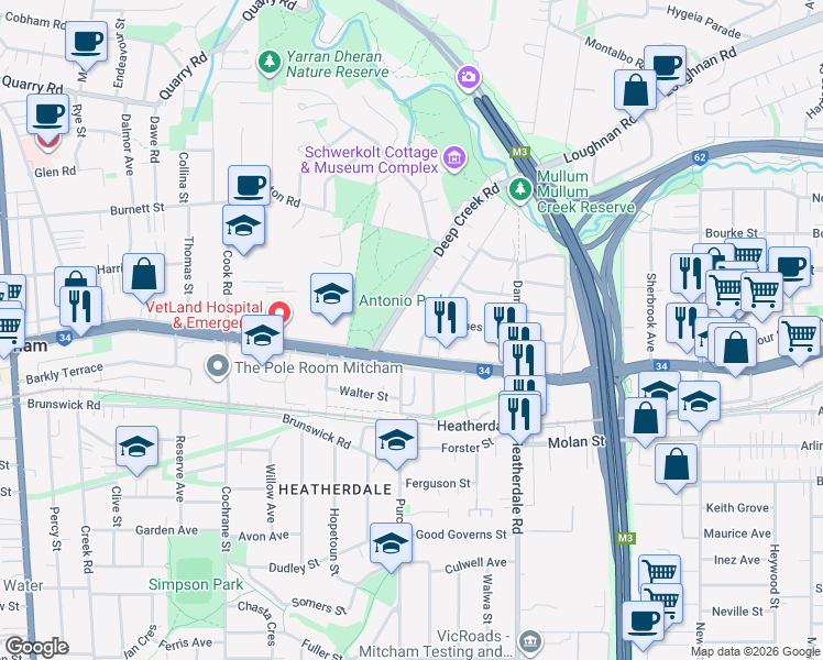 map of restaurants, bars, coffee shops, grocery stores, and more near 54 Warnes Road in Mitcham