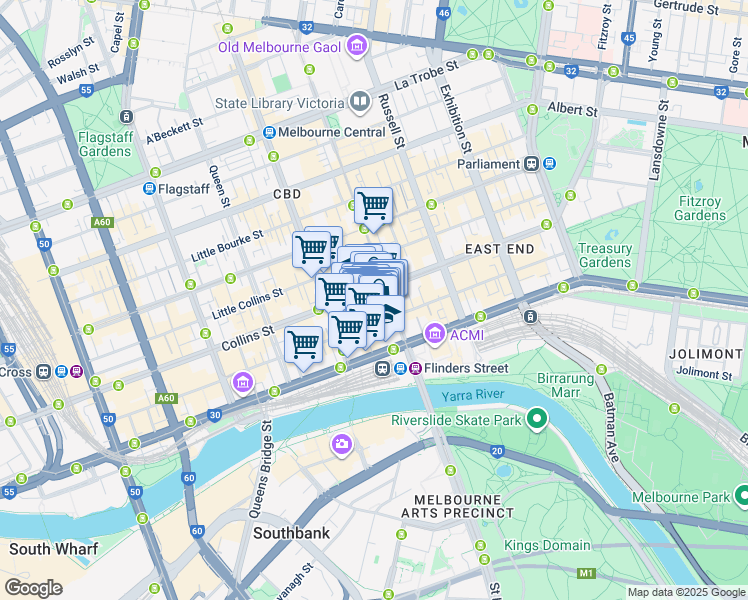 map of restaurants, bars, coffee shops, grocery stores, and more near 233 Collins Street in Melbourne