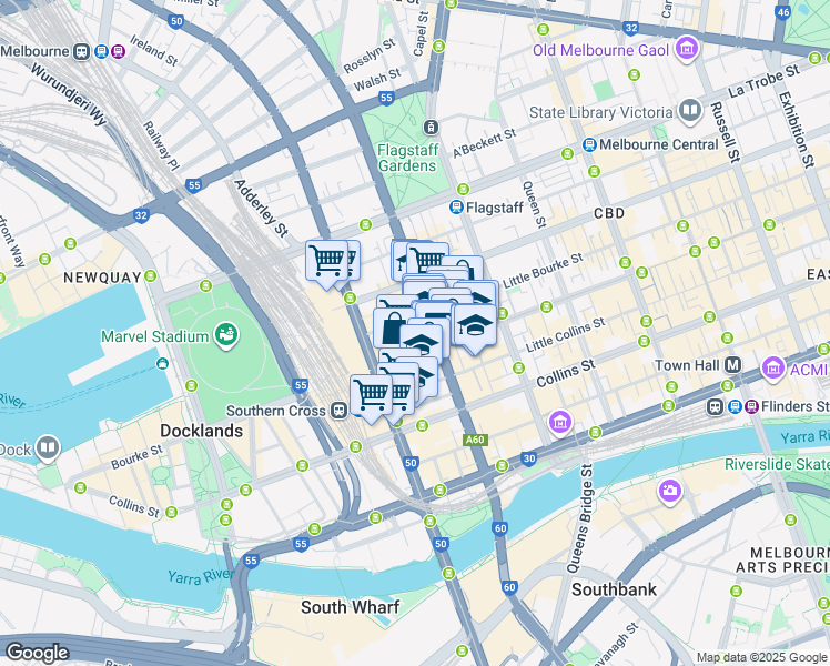 map of restaurants, bars, coffee shops, grocery stores, and more near 628 Bourke Street in Melbourne